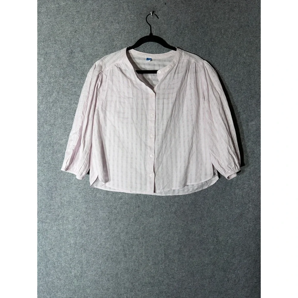 Old Navy Womens Pale Lilac Dobby Stripe Cotton 3/4 Puff Sleeve Blouse Medium